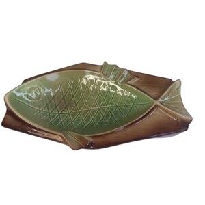 MCM USA Fish Ashtray Green Ceramic OOAK 9"x5"